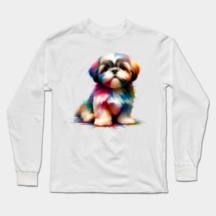 Charming Shih Tzu in Vibrant Splash Art Style Long Sleeve T-Shirt